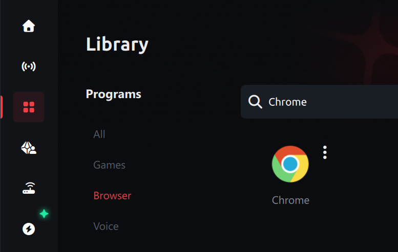 ExitLag Library showing Chrome found under the Browser category.