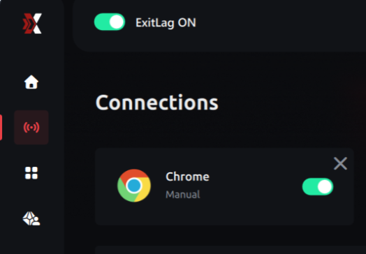 ExitLag Connections screen showing ExitLag ON with Chrome enabled.