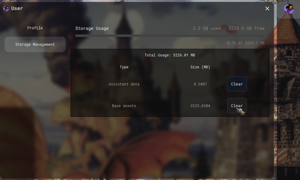 The Storage Management panel showing Clear buttons for Assistant data and Base assets.