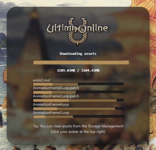 The download screen showing assets downloading with individual file progress bars.
